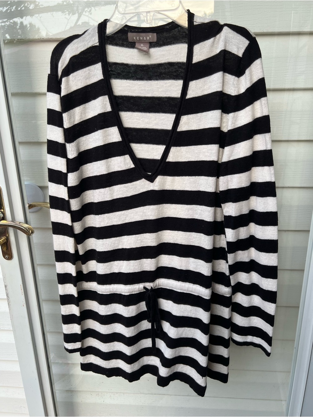 Kenar Black and White Striped V-Neck Drawstring Tunic